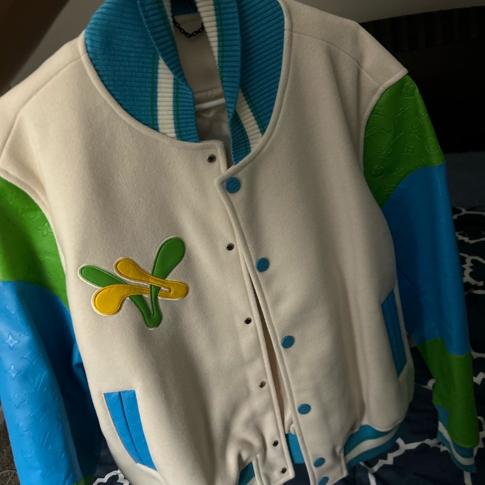 Louis Vuitton White Jacket with Blue and Green Sleeves and Yellow Logo - Picture 2 of 2
